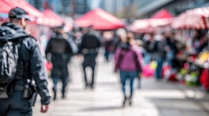 Obraz premium Law enforcement officers patrol a bustling outdoor market on a sunny day.