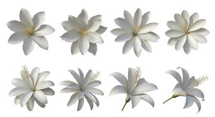 Fototapeta premium white flowers array studio shots of flowers in varying angles set against a plain white background floral design decoration and nature concepts