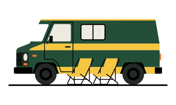 Vintage boxy camper van in profile view with two foldable beach chairs parked on a solid white background in a minimalist design travel concept
