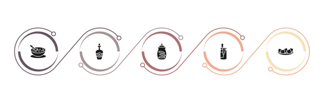 filled food and restaurant icons set - sour soup, cider, cookies jar, dulce de leche. editable vector for web and mobile ui