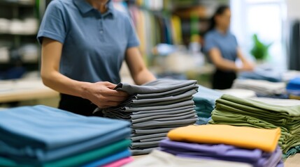 Obraz premium Person folding neatly stacked piles of colorful folded shirts on a work table in a clothing prepa n area