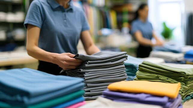 Person folding neatly stacked piles of colorful folded shirts on a work table in a clothing prepa n area