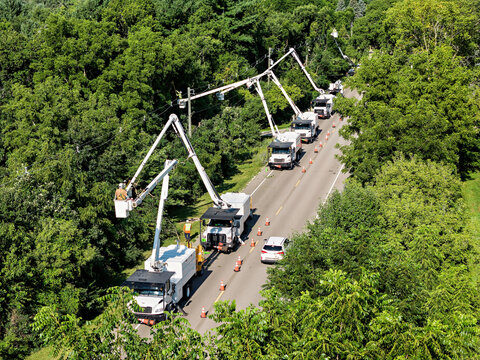 Utility Line Crew in Bucket Trucks Performing Tree Trimming and Vegetation Management Along a Rural Roadway Work Zone