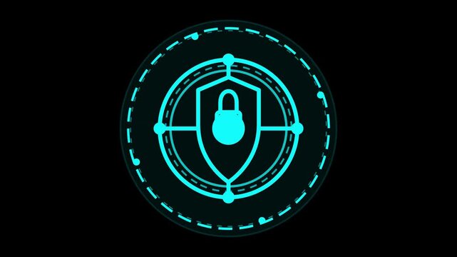 Digital security concept with glowing padlock inside a shield emblem, representing online safety and cyber protection in a futuristic neon design