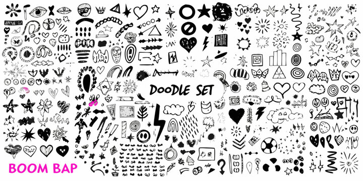 doodle set hand drawn symbols black and white icon pattern artwork design sketch