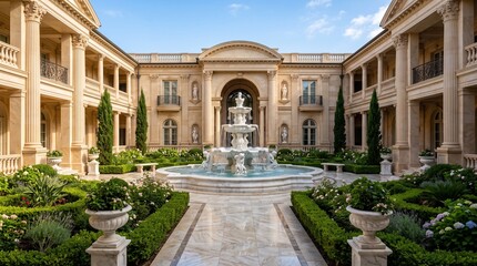 Obraz premium Luxury courtyard garden with symmetrical waterfall fountain, marble surfaces, classical architecture