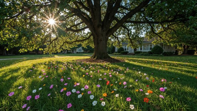 A large tree with sunlight shining through, casting shadows over a grassy garden filled with colorful flowers.
