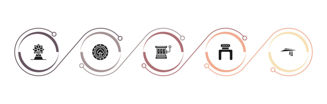filled arcade icons set - ferris wheel, poker chip, slot hine, zoo. editable vector for web and mobile ui