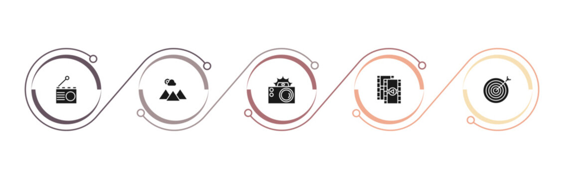 filled electronic stuff fill icons set - radio, scenic, photo camera with flash, photogram. editable vector for web and mobile ui