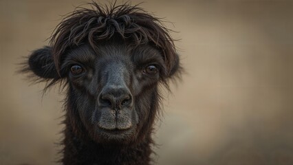Fototapeta premium Close-up of a black llama with a dark background.