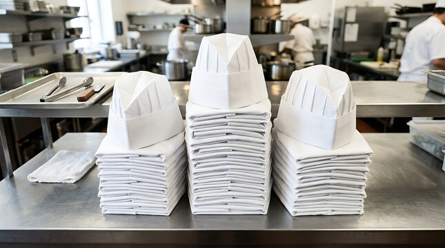 Neatly stacked white chef hats ready for use in a professional restaurant kitchen environment