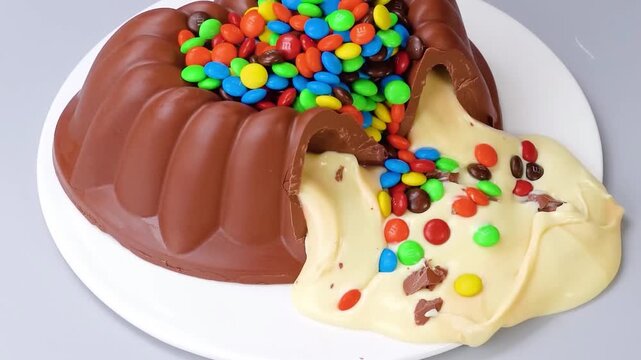 Chocolate bundt cake spilling creamy filling and colorful candy chocolates on white plate close-up