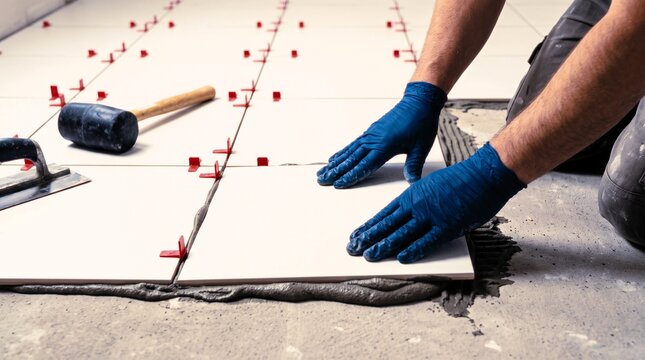 Worker wearing blue gloves installing square white ceramic floor tile with red spacers and mortar