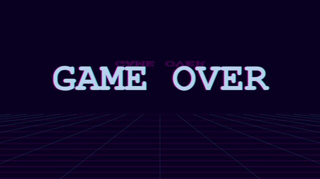 Retro game over text animation with 80s synthwave grid 4k background, for gaming and, digital media projects