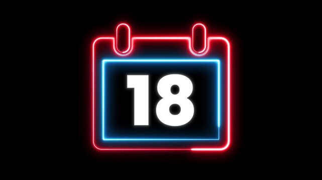 Glowing neon calendar symbol with date 18 for deadline and planning. Day 18 neon text animation. Calendar counter concept. Neon calendar icon animation for date reminder and schedule.