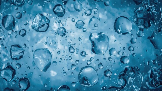 A close-up view of water droplets and ice cubes in liquid, showcasing their shapes and textures.