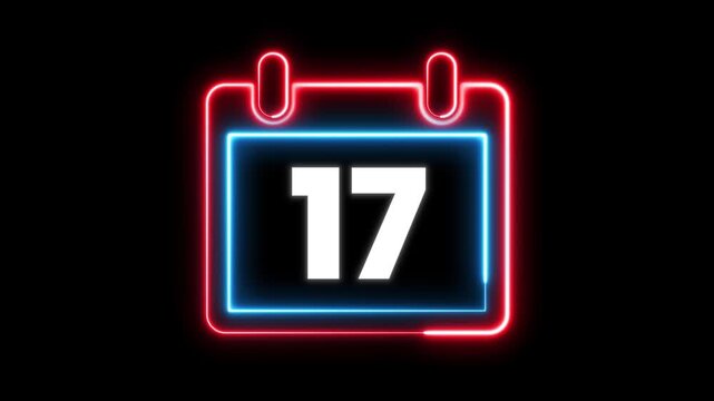 Glowing neon calendar symbol with date 17 for deadline and planning. Day 17 neon text animation. Calendar counter concept. Neon calendar icon animation for date reminder and schedule.