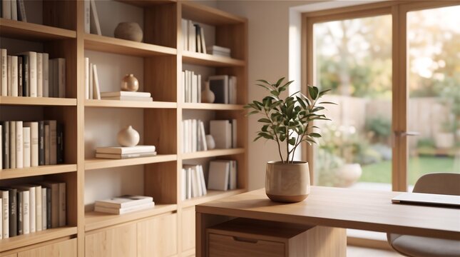 Minimalist home office workspace with wooden bookshelf and a small potted plant on a clean desk area