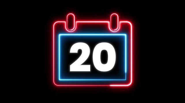 Glowing neon calendar symbol with date 20 for deadline and planning. Day 20 neon text animation. Calendar counter concept. Neon calendar icon animation for date reminder and schedule.