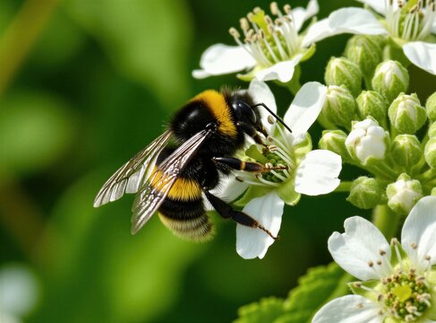 Bumblebee gathers nectar on white flower petal at park. Black, yellow insect pollinates spring blossom in green garden. Wildlife closeup shows fuzzy bee thorax wings, legs. Nature environment scenery
