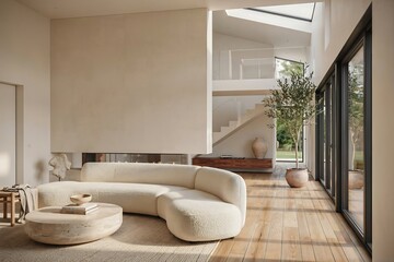 Obraz premium Modern organic living room interior with a curved boucle sofa and minimalist decor bathed in natural light
