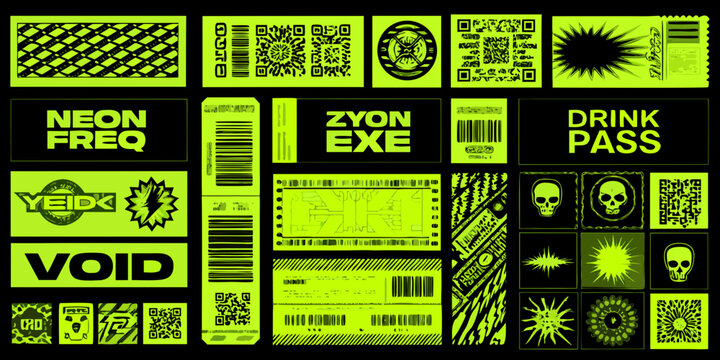 neon rave ticket design elements vector illustration code barcodes skulls sunburst patterns labels