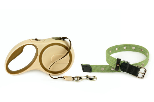 Retractable dog leash and green collar isolated on white background. Pet accessories set with extendable lead and fabric collar on white.