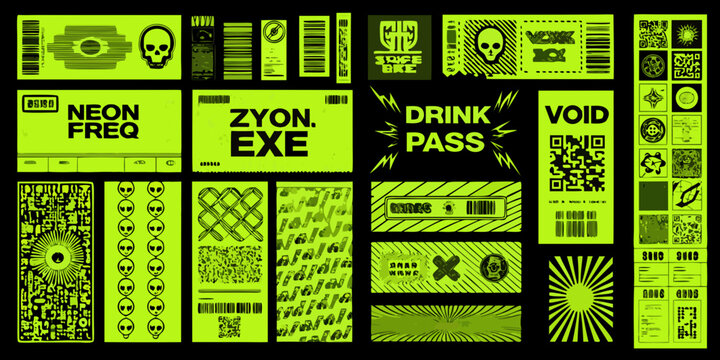 neon rave ticket design elements collage y2k skull alien barcode code drink pass