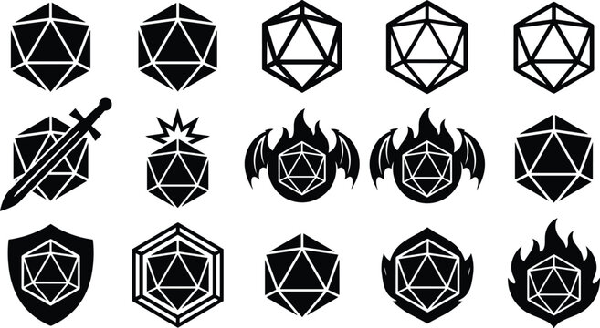Tabletop roleplaying game d20 dice vector glyph icons set for fantasy adventure gaming community branding