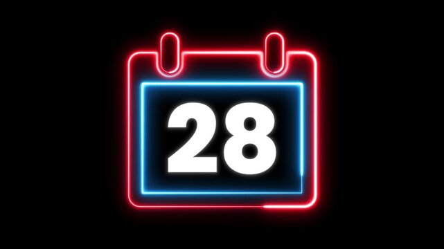 Glowing neon calendar symbol with date 28 for deadline and planning. Day 28 neon text animation. Calendar counter concept. Neon calendar icon animation for date reminder and schedule.