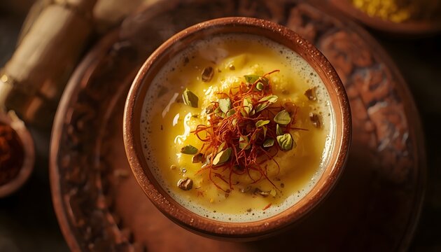 Traditional Indian Malpua dessert in clay bowl. Sweet pancake with saffron and sugar syrup.
