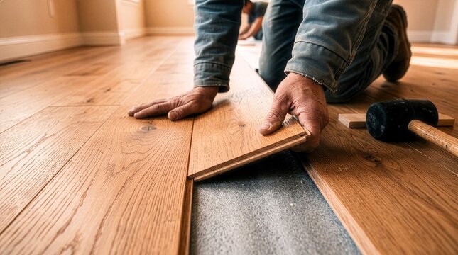 Person installing light oak hardwood flooring planks with rubber mallet on home subfloor