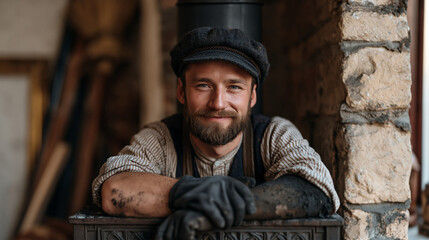 Obraz premium Chimney sweep emerging from a narrow Victorian fireplace in a modest terraced house living room, soot coating their forearms in a candid unposed moment, electronics assembly