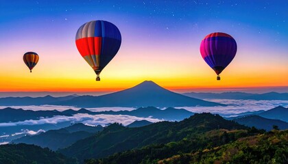 Obraz premium Colorful hot air balloons flying over mountains. Aerial view of sunrise adventure travel.