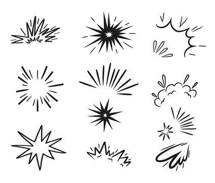 Hand Drawn Comic Explosion Effects Set with Starburst Bursts, Speed Lines, Smoke Clouds and Cartoon Impact Elements