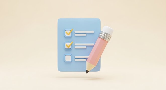 3D blue list icon with pink pencil.