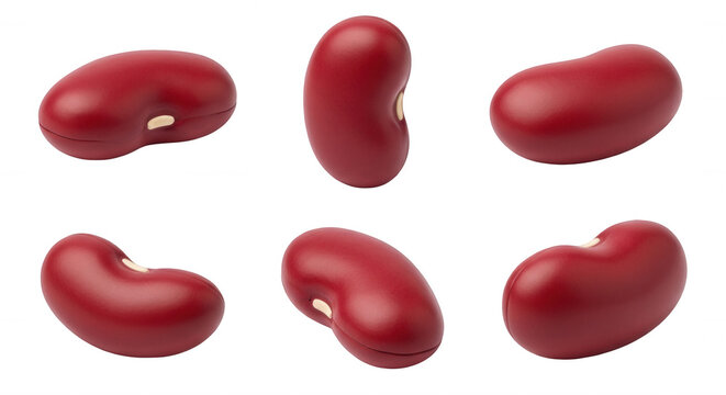 six isolated red kidney beans in various angles on a white background likely for food or culinary illustrations
