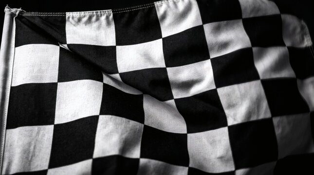 A waving black and white checkered flag with folds and textures representing finish line victory