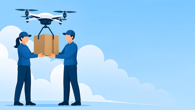 Two couriers receiving a heavy cargo box from a modern delivery drone in the sky vector illustration