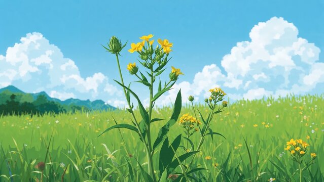 Bright green meadow with yellow wildflowers under a blue sky with white clouds and distant mountains.