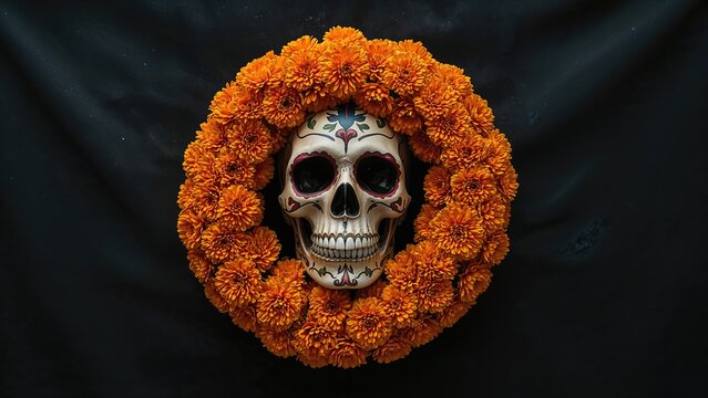 A skull decorated with colorful sugar skull face paint, surrounded by a vibrant orange marigold flower wreath on a dark background.