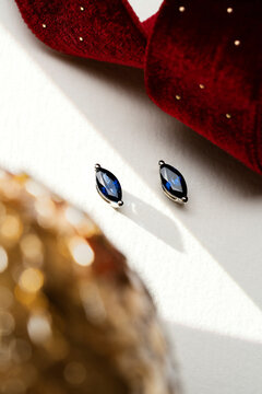 Sapphire Blue Marquise Stud Earrings with Red Velvet and gold Sparkles