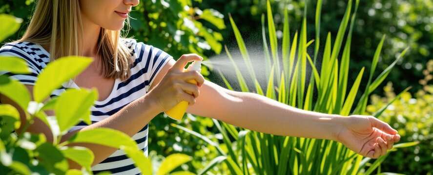 Woman sprays protective liquid onto her arm in a rich green garden. She uses an aerosol bottle to guard against insects and sun. This outdoor activity occurs during daylight.