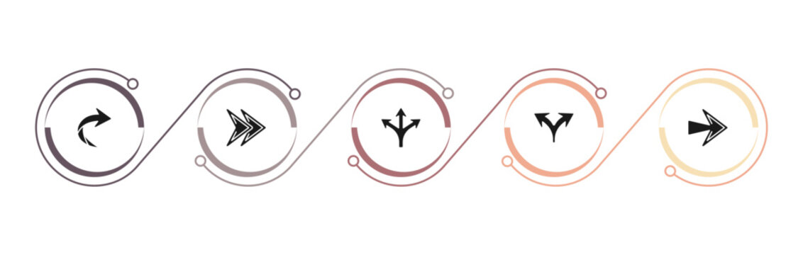 filled arrows icons set - right curve, fast forward, multiply, split arrows. editable vector for web and mobile ui