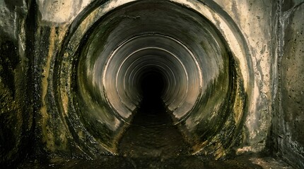 Naklejka premium Concrete drainage pipe tunnel with dark circular entrance and damp mossy walls