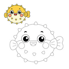 Cute Pufferfish Trace and Color Worksheet for Kids Preschool Activity © Annalee