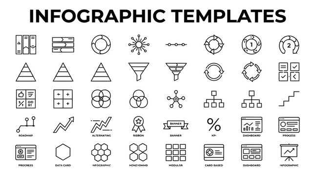 Infographic template icon collection for data visualization and presentation design elements.