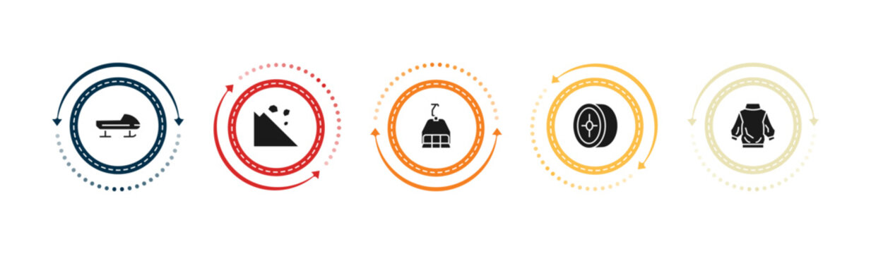 filled winter icons set - bobsled, avalanche, ski lift, winter tire. editable vector for web and mobile ui