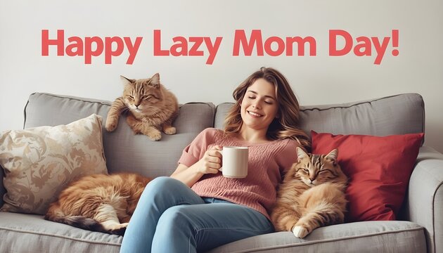 Happy national lazy mom day greeting card featuring a woman relaxing on a sofa with a cat with resting couch holding mug beside sleeping festive .