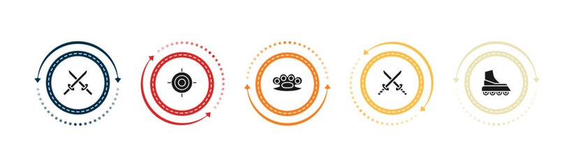 filled weapons icons set - two katanas, shooting target, brass knuckles, 2 katanas. editable vector for web and mobile ui © IconArt